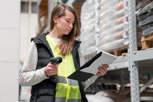 Une employée d'entrepôt en gilet jaune de sécurité tenant un lecteur de codes-barres et une tablette, effectuant un contrôle devant des étagères de colis.